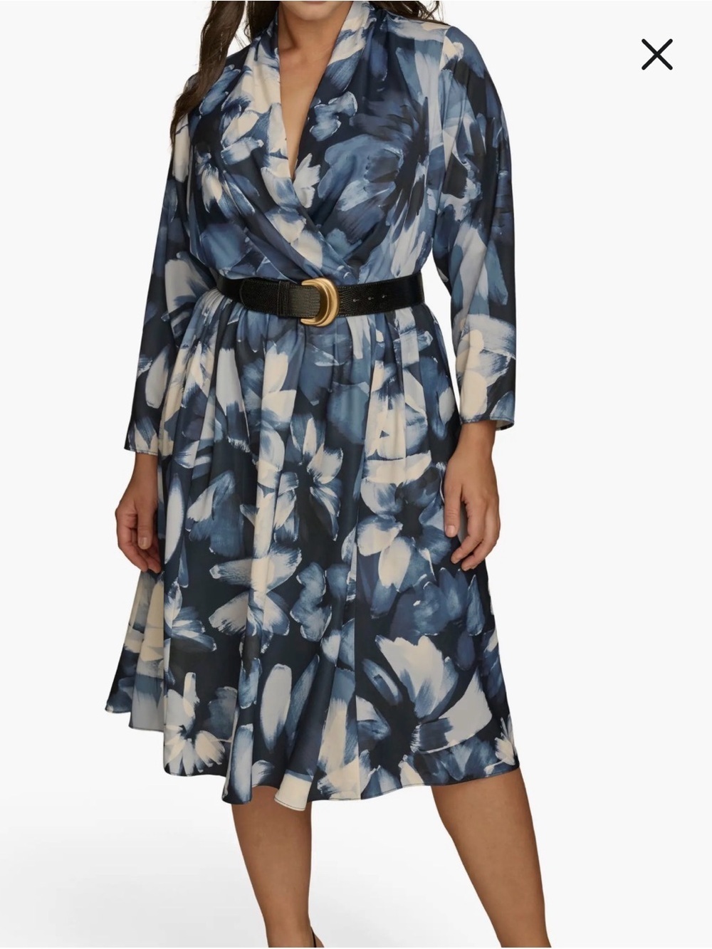 Donna Karan NWT 22W Abstract Floral Midi Dress Blue Black V Neck Satin $179